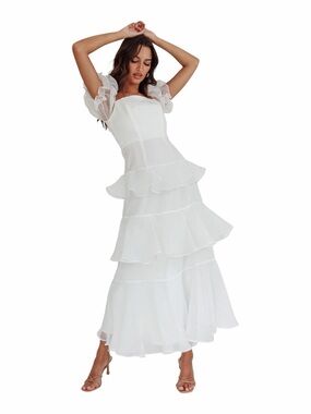 White Organza Tiered Ruffle Puff Sleeve Midi Dress XS